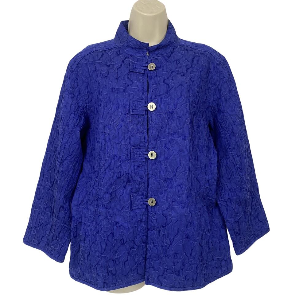 Chicos Jacket Size 2 Blue Embroidered Mandarin Collar Asian Frog Closure Vtg L